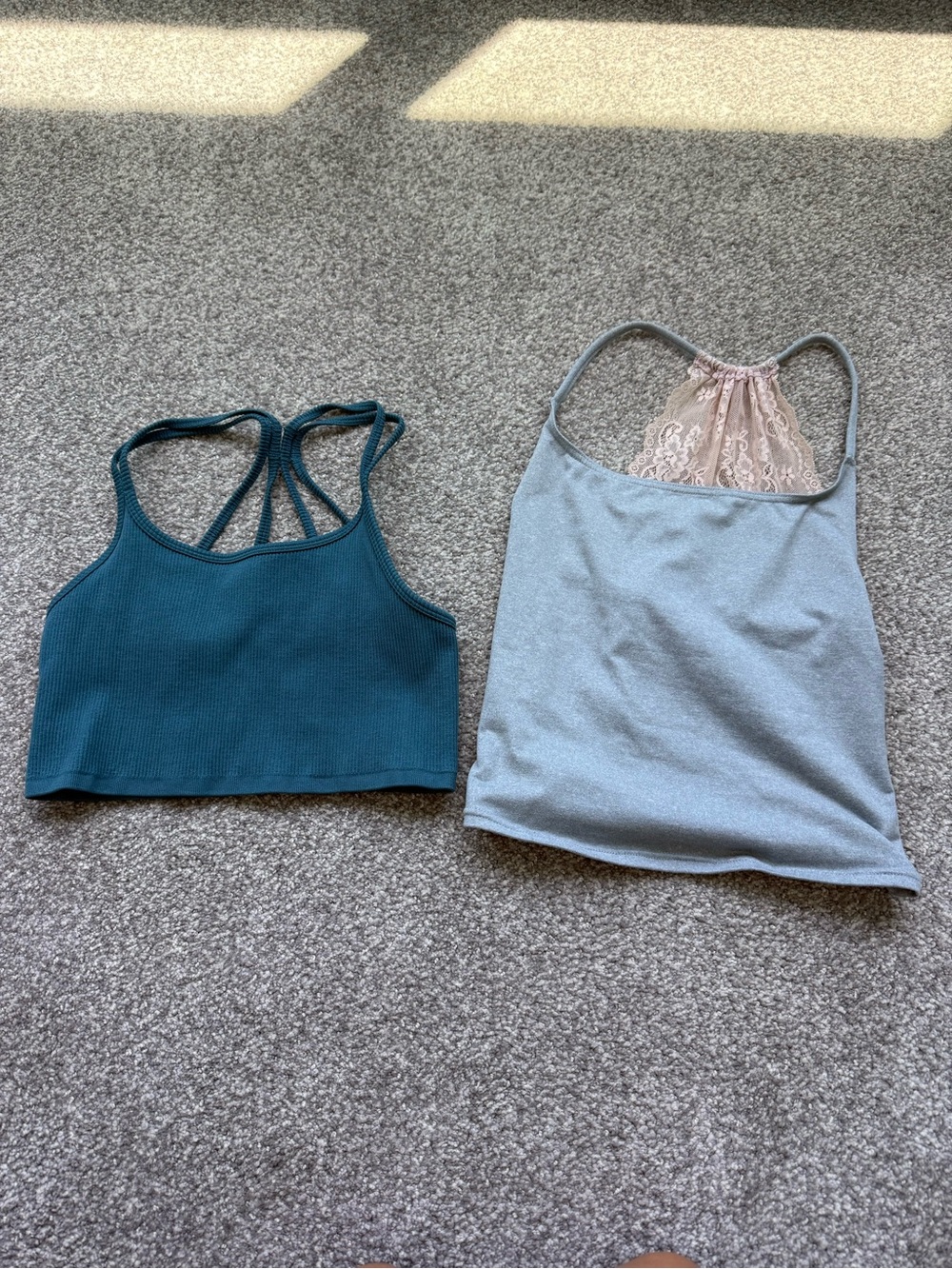 Sporty Teal Ribbed Strappy Sports Tank & Light Gray Lace-Back Tank Set